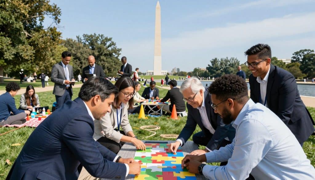 A group of people assembles a large puzzle on the grass near the Washington Monument on a sunny day, enjoying one of the popular team building activities DC has to offer, while others interact and picnic in the background.