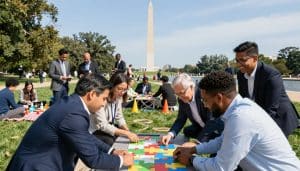 A group of people assembles a large puzzle on the grass near the Washington Monument on a sunny day, enjoying one of the popular team building activities DC has to offer, while others interact and picnic in the background.