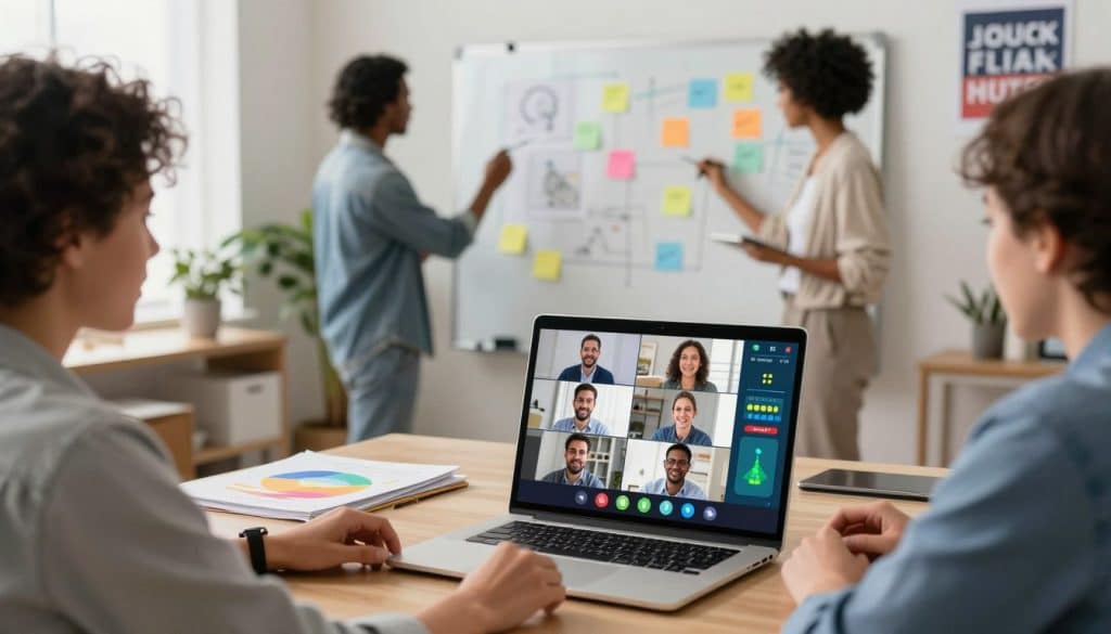 Two people sit at a table with a laptop showing a video conference, while two others collaborate at a whiteboard covered with sticky notes and diagrams, brainstorming ideas for their next team building paint and sip event in a modern office.