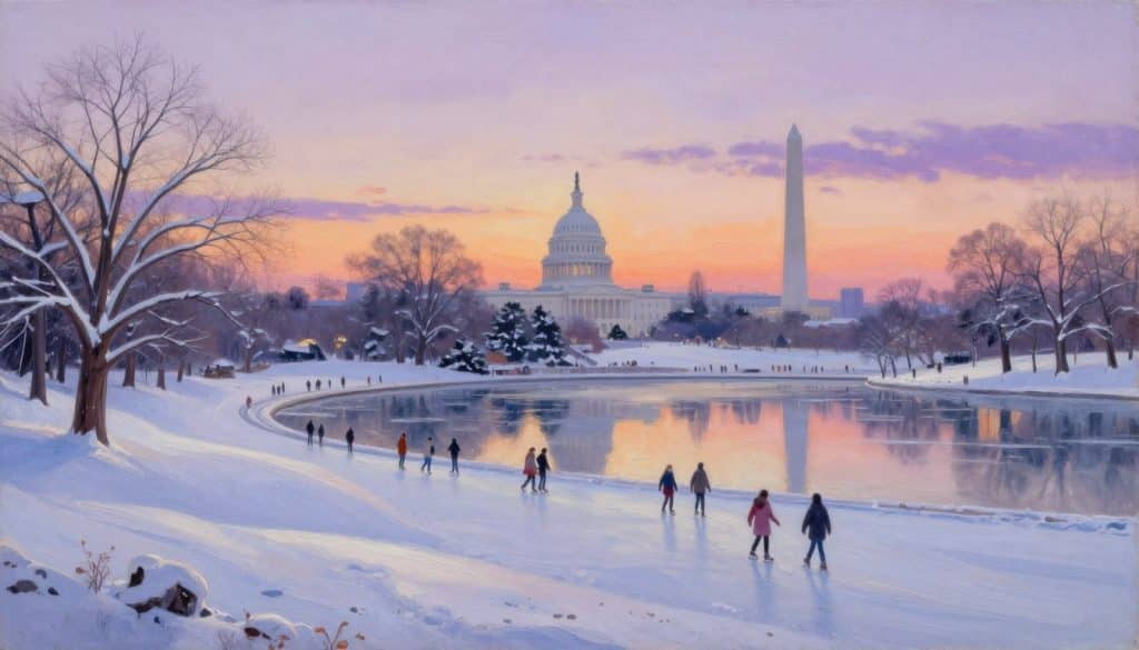 People ice skate on a snowy, frozen pond near the U.S. Capitol and Washington Monument at sunset in winter, creating a scene perfect for a paint and sip event.