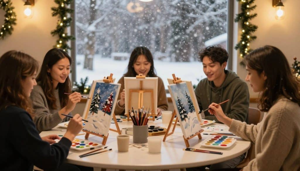 Five people sit around a table painting winter scenes on canvases, with art supplies in front of them and a snowy landscape visible through the window. Holiday garlands decorate the room.
