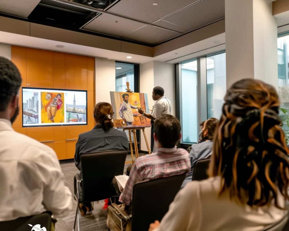 A group of people sitting in a room watching a presentation.